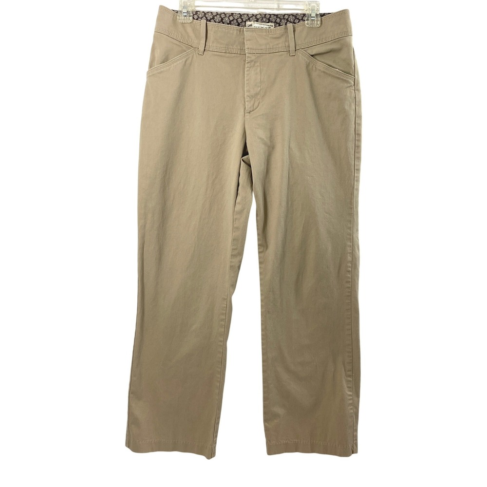 Lee Pants Women 12 Natural Straight Leg Tan Khaki Mid Rise Stretch Chino Neutral